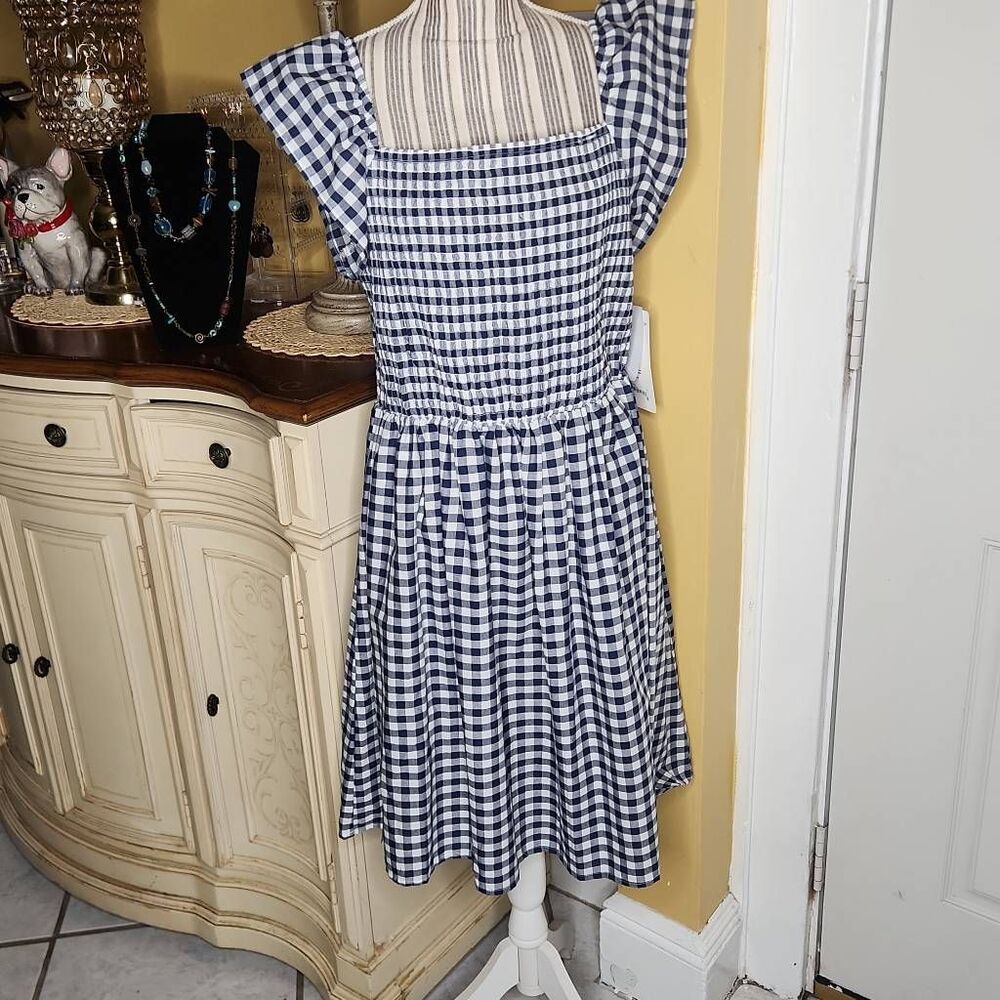 Blueberi boulevard navy blue gingham smocked dress women's size XL
